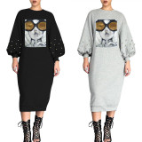 2020 Fashionable Sexy Casual Glasses Printed Long Bubble Sleeve Beaded Sequin Dress Autumn 202004236230