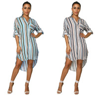 2020 Women Fashion Summer Sexy Stripe Printed Long Sleeve Short Front And Long Back Long Shirt Dress 202004289052