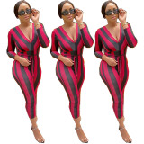 2020 Striped Print V-neck Sexy Red Street Skinny Long Sleeve Women Jumpsuit 202003118317