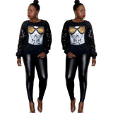 2020 Fashion Casual Sexy Sequin Print Stitching Round Neck Long Sleeve Top Sweater Autumn 202004268022