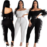 2020 Fashionable Sexy Comfortable Breathable Skinny Feather Edge Shoulder Ladies Long Jumpsuit 202003128349
