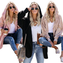 2020 Very Chic And Comfortable Woolen Solid Color Loose Long Sleeve Ladies Casual Hooded Jacket 202003135099