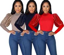 2020 Sexy Stitching Solid Color Pit Strip Long Sleeve Sequin Bubble Sleeve Round Neck Pullover Women's Shirt 202003135132