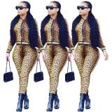 2020 Leopard-print Casual Long-sleeved Trousers Zipper Ladies Two-piece Suit 20200414050