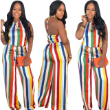 2020 Summer Women Jumpsuit Sexy Hanging Neck Strap Open Back Baggy Trousers Rainbow Strip Printing 202004105001