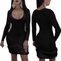 2020 Black Rabbit Fur Paneled Long Sleeve Round Neck Hedging Club Dress Nightclub One Step Skirt 202003093902