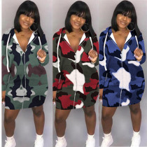 2020 Fashion Ladies Casual Camouflage Hooded Zipper V Neck Long Sleeve Round Neck Sexy Nightclub Style Dress Autumn 202004128896