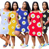 2020 Summer Multicolor Round Neck Chrysanthemum Pattern Casual Short Sleeve Flower Dress 202005066559