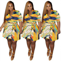 2020 Spring Plus Size Women Casual Dresses Irregularity Color Stripe Printing Turn-down Collar 202005095094
