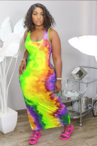 Summer Fashion Trend Woman Sexy U-Neck Sleeveless Tie-Dye Printed Word Skirt Casual Long Skirt  BL200608126