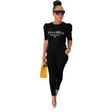 Summer Trendy Fashion Women's Letter Printed Pullover Round Neck 5 Points Pleated Sleeve T-Shirt Top Slim Trousers Two-Piece Suit BL200701197