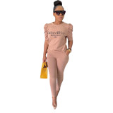 Summer Trendy Fashion Women's Letter Printed Pullover Round Neck 5 Points Pleated Sleeve T-Shirt Top Slim Trousers Two-Piece Suit BL200701197