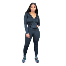 Summer Fashion Trend Ladies Solid Color Personality Sports Hooded Zipper Jacket High Waist Skinny Trousers Casual Two-Piece Set BL2007065847