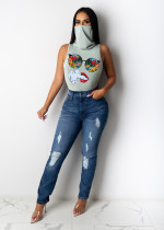 Summer Ladies Casual Fashion Trend Sexy Tight Sleeveless High Collar Glasses Lips Pattern Printed T-Shirt CX2007308218