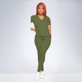 Summer Ladies Casual Fashion Sexy Comfortable Slim Fit V-Neck Pullover Solid Color Pleated Short-Sleeved Trousers Two-Piece Suit CX2008046580