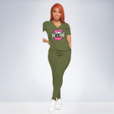 Summer Ladies Casual Fashion Sexy Comfortable Self-Cultivation V-Neck Pullover Lips Banknote Printing Short-Sleeved Trousers Two-Piece Suit CX2008046584