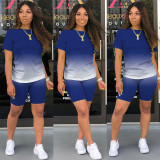 Summer Ladies Casual Fashion Sexy Loose Elastic Round Neck Pullover Gradient Color Short Sleeve Shorts Two-Piece Suit CX2008071106