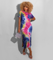 Ladies Summer Casual Comfortable Fashion Sexy Loose Round Neck Pullover Tie-dye Printed Short Sleeve Slit Long Dress CX200813113