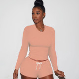 Ladies Autumn Casual Fashion Trend Sports Round Neck Pullover Solid Color Pleated Long-Sleeved Tie Shorts Two-Piece Suit CX2008248690