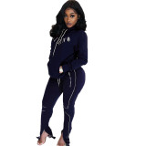 Ladies Autumn Casual Fashion Trendy Temperament All-match Hooded Letters Printed Pockets Lines Stitching Slits Long-sleeved Trousers Two-piece Suit CX2008318074