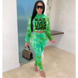 Ladies Summer Casual Fashion Trend Temperament All-match Sexy Hooded Bandage Tie-dye Letter Printed Long Sleeve Trousers Two-piece CX2008310315