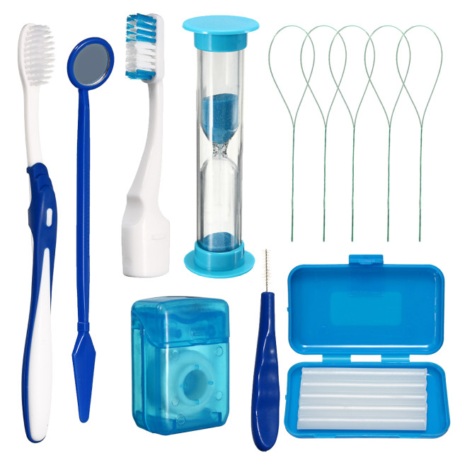 8Pcs/Box Oral Care Dental Teeth Orthodontic Kit Portable Brush Floss Thread Wax Mirror Hourglass Whitening Cleaning Dentist Tool
