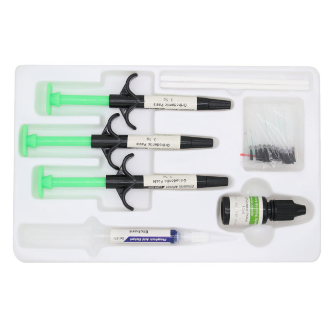 1 kit de adhesivo de ortodoncia de curado por luz Dental, sistema de unión ortopédica, soportes de resina de pasta de pegamento verde