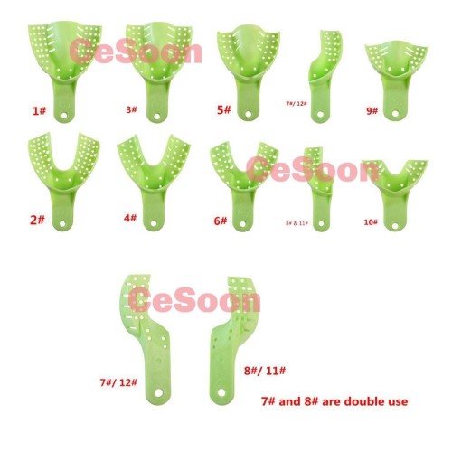 10Pcs/Pack Dental Impression Trays Perforated Autoclavable Teeth Bite Green  Plastic 10 Sizes