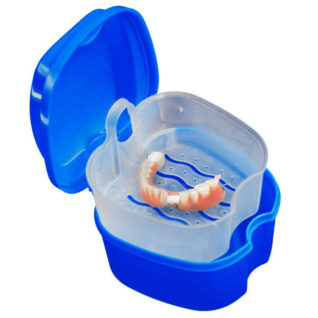 2PCS Denture Case,Denture Cup with Strainer,Denture Bath Box False Teeth Storage Case Box with Strainer for Travel Cleaning(Blue and Light Blue).