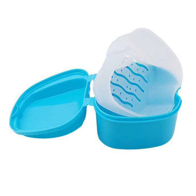 2PCS Denture Case,Denture Cup with Strainer,Denture Bath Box False Teeth Storage Case Box with Strainer for Travel Cleaning(Blue and Light Blue).