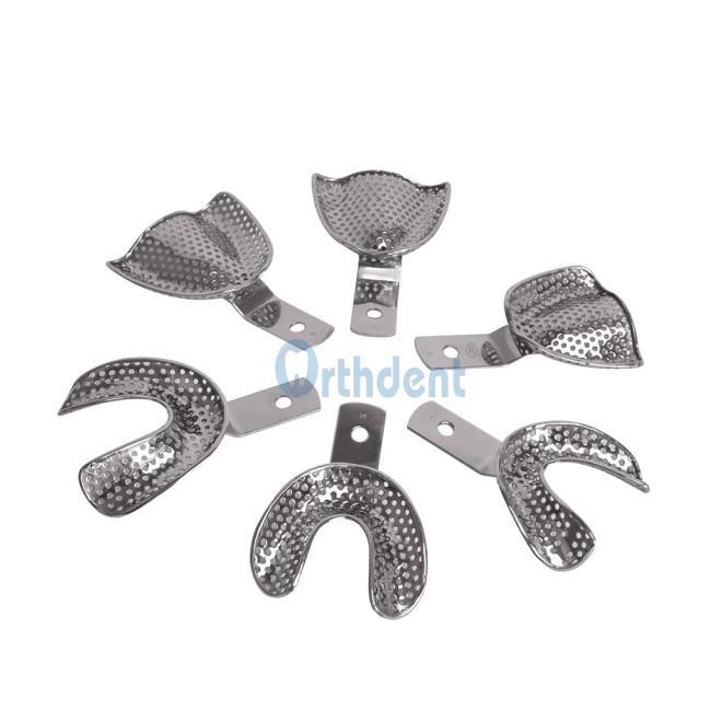 6Pcs/ Set Dental Autoclavable Metal Impression Tray Perforated Stainless Upper/Lower