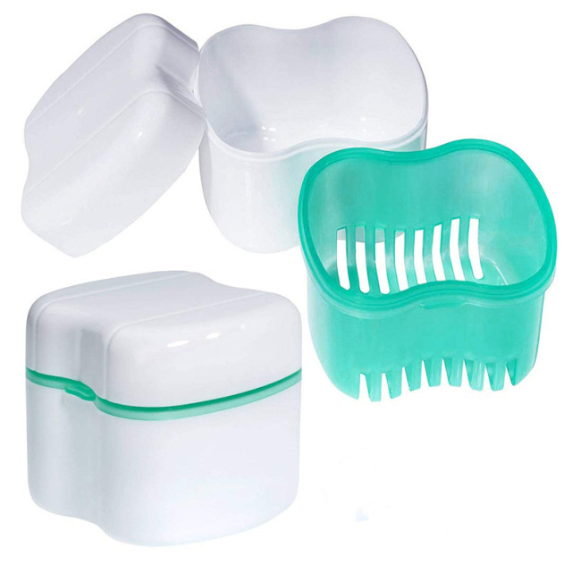 Denture Bath Case Denture Box with Strainer Basket Container Dental Tooth Storage Bath Case Teeth Rinsing Basket