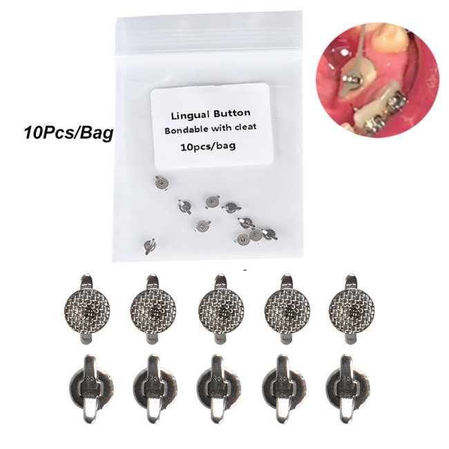 10Pcs/Bag Dental Orthodontic Lingual Buttons with Cleat Double Wing Mesh Round Base Bondable Stainless Steel Dentistry Material