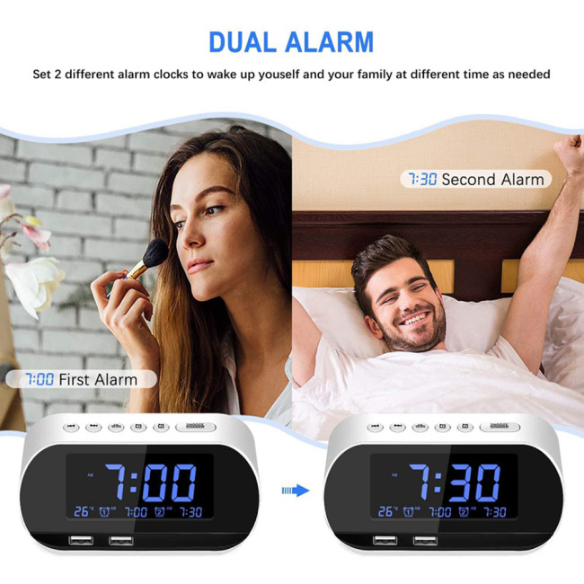 Alarm Clock Radio FM With Sleep Timer Dual Usb Phone Port Charging Digital LCD Display Dimming Adjustable Volume Office Home Use