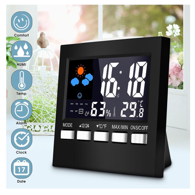LCD Digital Thermometer Hygrometer Indoor Electronic Temperature Humidity Meter Alarm Clock Calendar Weather Station Equipments