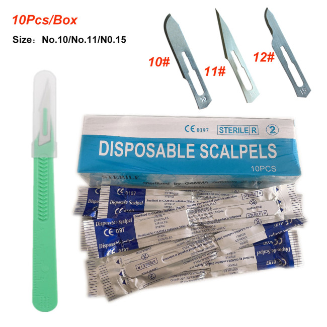 10Pcs/Box Dental Sterile Surgical Scalpel Blades Steel Plastic Handle Carving Knife Disposable Dentistry Lab Teeth Therapy Tools