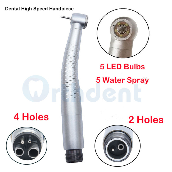 1Pcs/Box Dental LED High Speed Handpiece  5 LED Bulbs 5 Water Spray  E-generator Push Button 2 /4 Holes Dentistry Lab Equipment