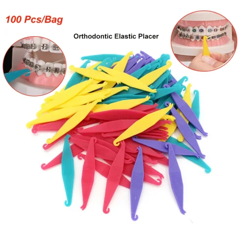 100Pcs/Bag Disposable Dental Elastic Placer for Braces Bands Rubber Ligature Ties Ring Retractor