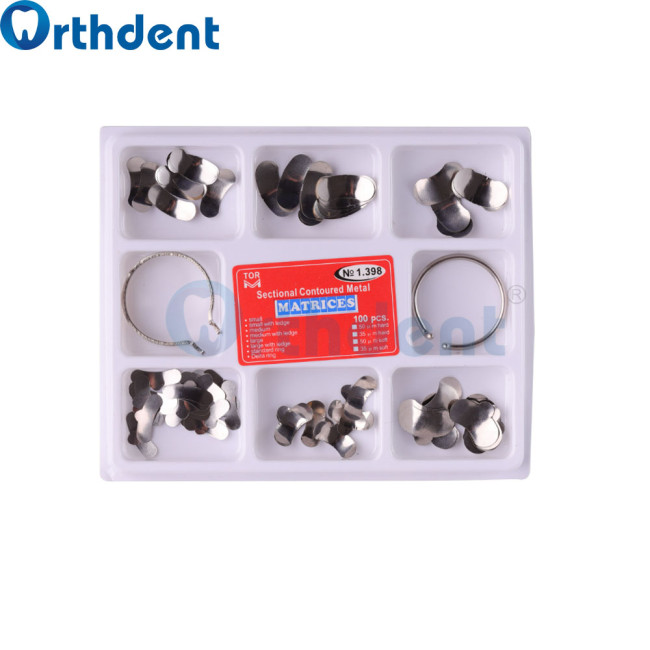 100Pcs/Box Dental Red Matrix Sectional Contoured Metal No.1.398 + Plier + silicon rubber
