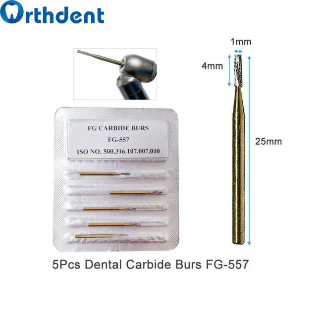 5Pcs/Kit High Speed Dental Surgical Carbide Burs Titanium Plated Tungsten Steel Finishing Drills FG-557 25mm