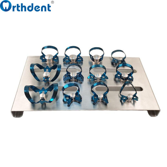 Dental Rubber Dam Clamps Holder Stainless Steel Set of 12 Sterilization Tray Surgical Instruments Tools Autoclavable Clamp Stand