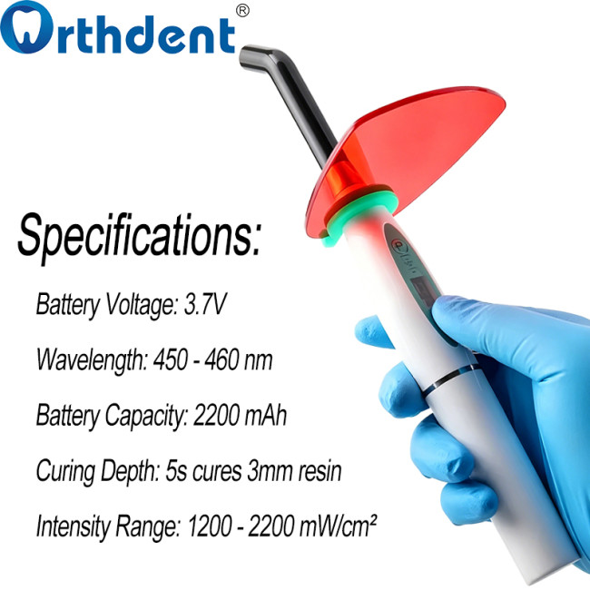 LED curing light specifications 450-460nm 1200-2200mW/cm² 5s cures 3mm