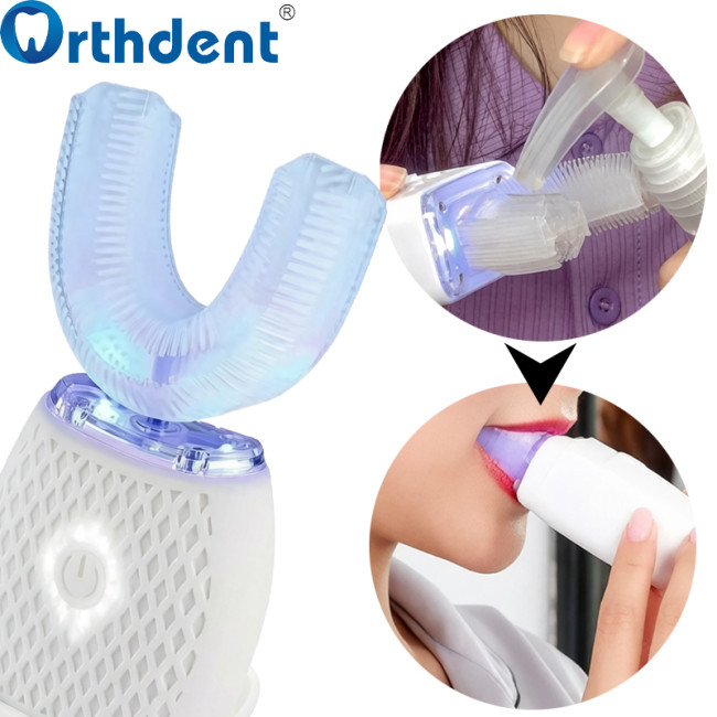 U-shaped toothbrush apply toothpaste on bristles 4800 vibrations/min hands-free brushing