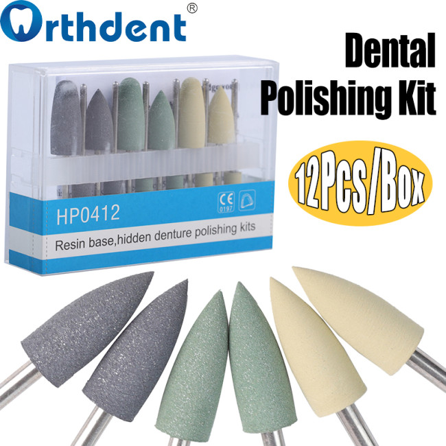 HP0412 Dental Silicone Polishing Kit 12Pcs – Resin Base & Hidden Denture Finishing Polisher Set with Diamond Burs