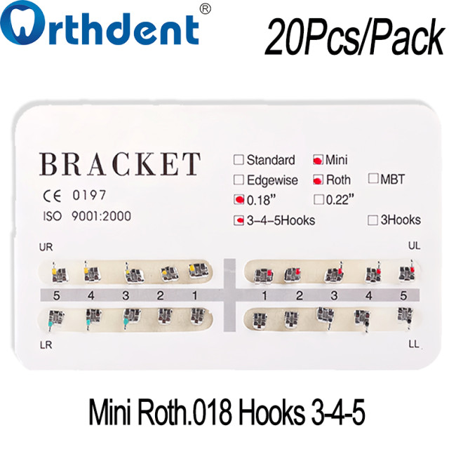 Dental Metel Brackets  Mini Roth 0.018/0.022 Straight Wire with Hooks 3-4-5 Mesh Base Split