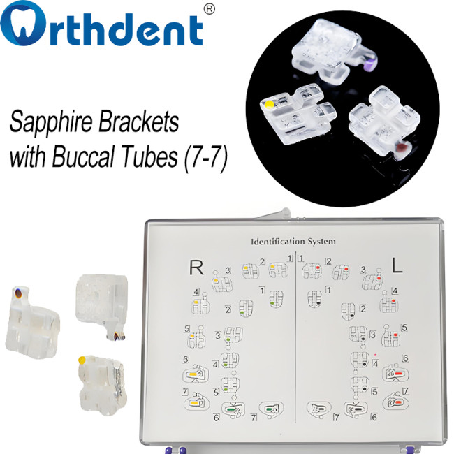 Dental Monocrystalline Sapphire Brackets with Buccal Tubes | Mini MBT 0.022 | Hooks 3-4-5