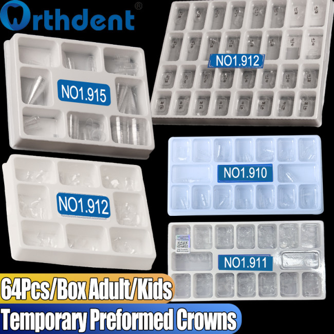 64Pcs Transparent Temporary Preformed Crowns Adult/Child Anterior Postduous Transparent Deciduous