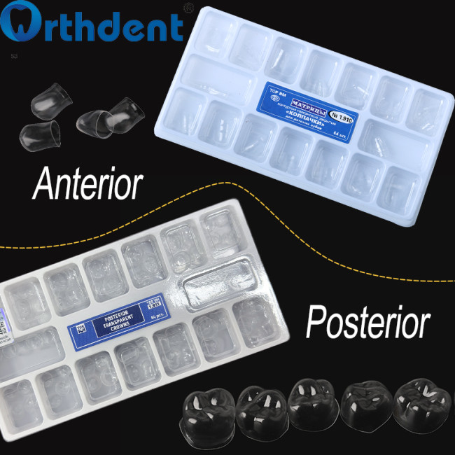 64Pcs Transparent Temporary Preformed Crowns Adult/Child Anterior Postduous Transparent Deciduous