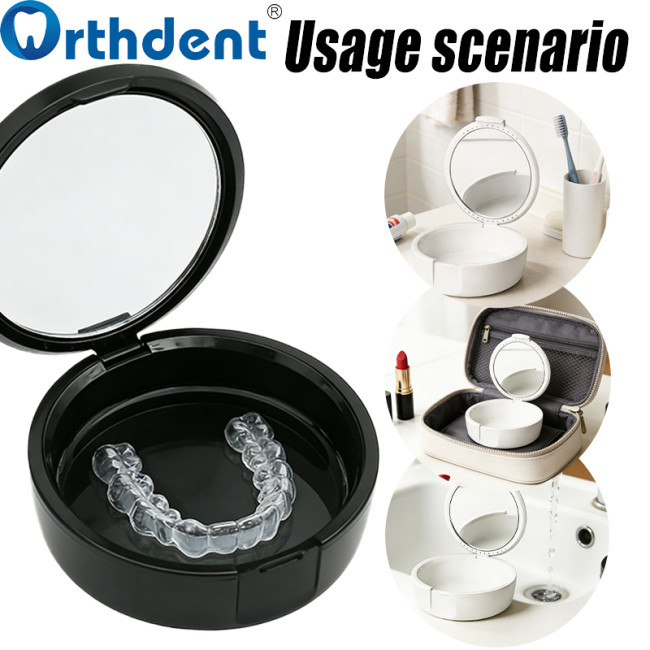 Denture Storage Box with Mirror Dental Orthodontic False Teeth Storage Boxes Black/White