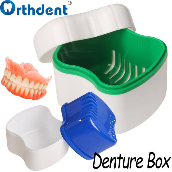 Denture Bath Case Denture Box with Strainer Basket Container Dental Tooth Storage Bath Case Teeth Rinsing Basket